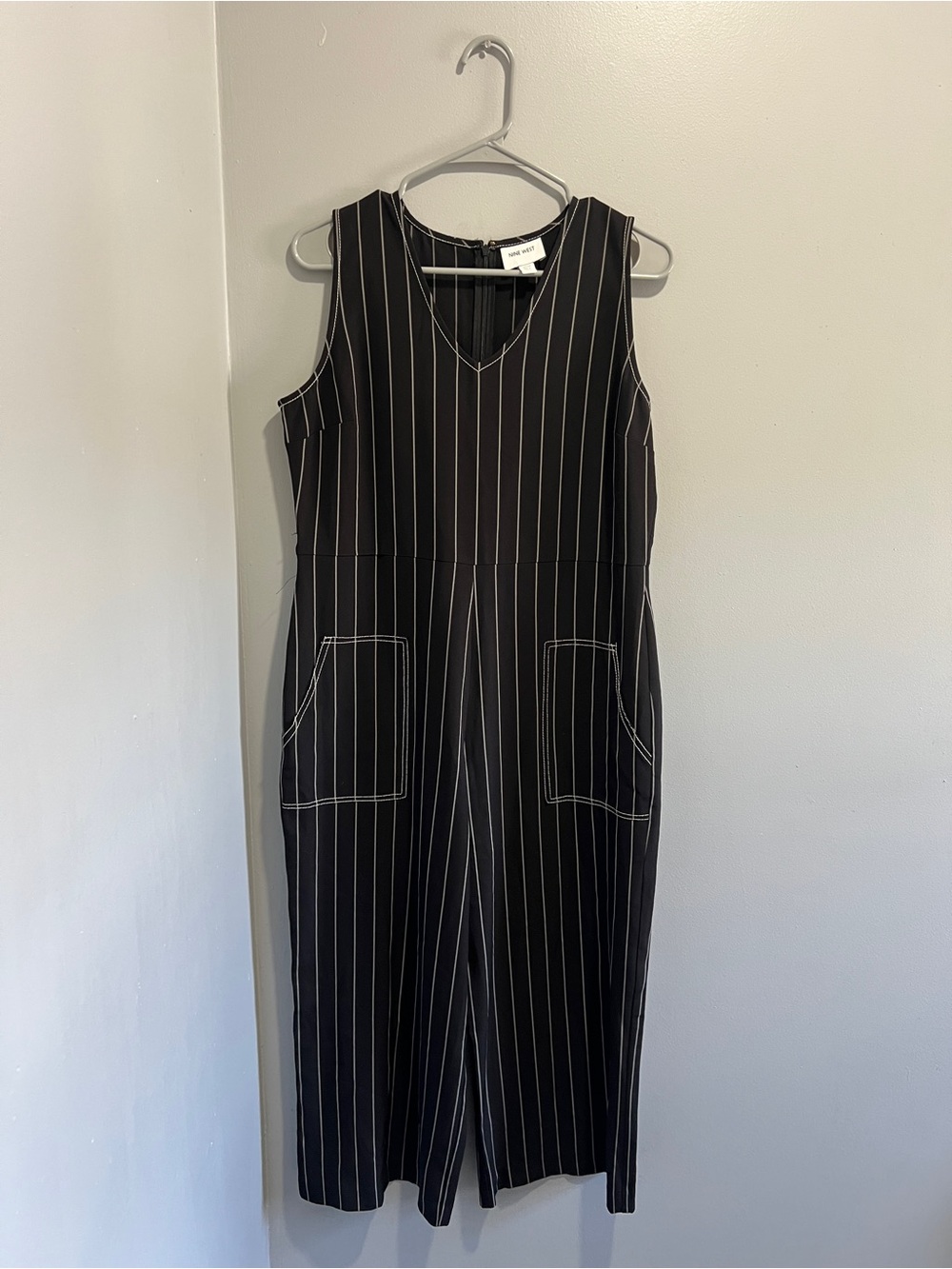 Nine West Black and White Pinstripe Sleeveless Jumpsuit